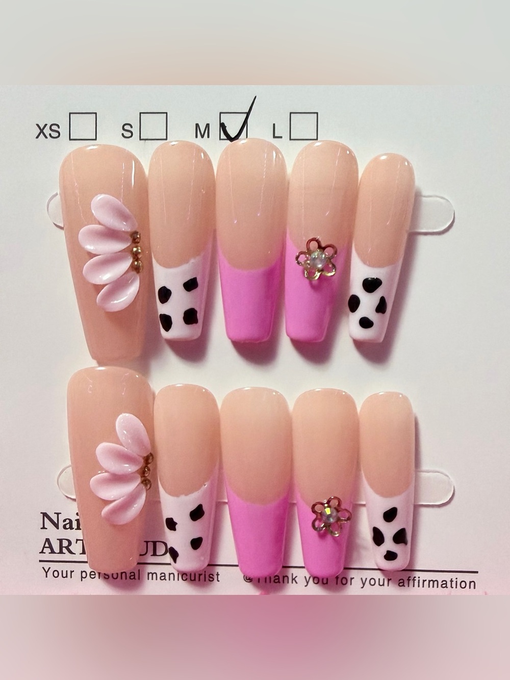 Pink Floral Accent False Nail Set - Women Accessories